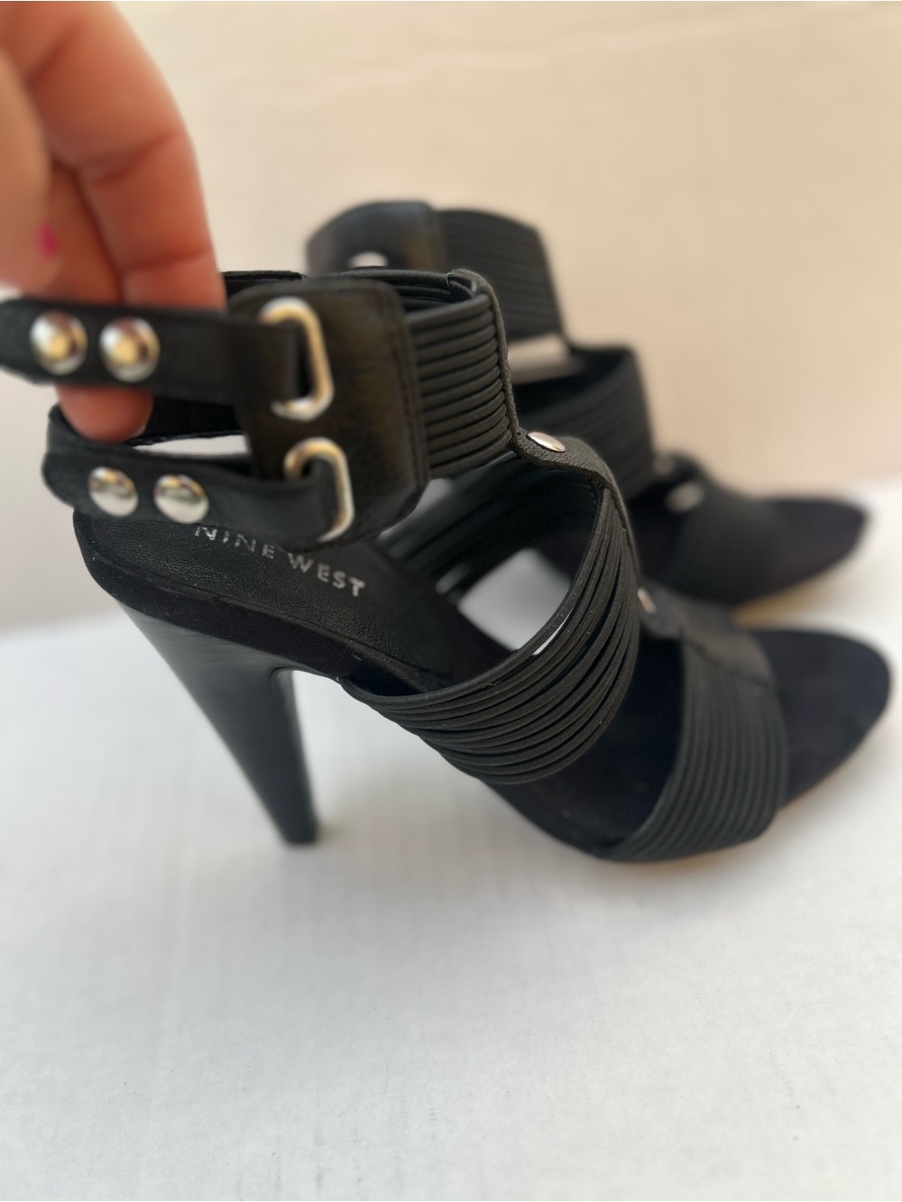 Nine West black multi strap stiletto heeled sandal. Size 7